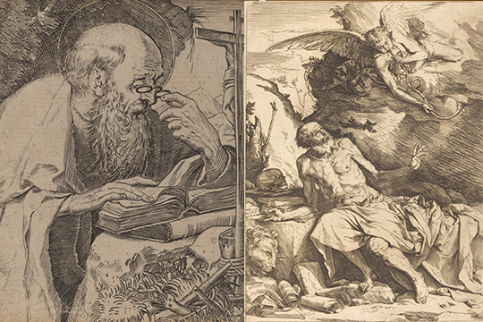 Left: a stout man with bald head leans over a surface as if reading something, Right: a muscular bald man looks up in awe of an angel blowing a trumpet