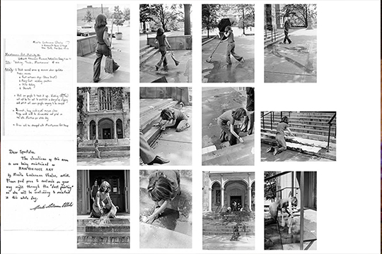 Various black and white pictures of Mierle Laderman Ukeles cleaning public scenes like staircases