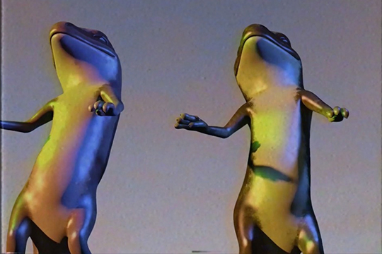 Two anthropomorphic lizards seemingly dancing with both front legs, or arms, waving at shoulder height, their backs leaning back