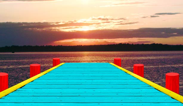 Rendering of dear sunset by Ugo Rondinone illustrating a brightly painted pier overlooking Fish Trap Lake, Dallas at sunset