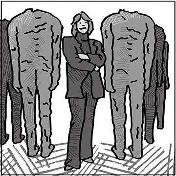Drawing of Magdalena Abakanowicz standing in front of headless sculpture figures