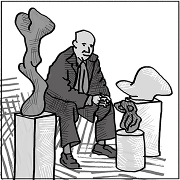 Drawing of Jean Arp sitting among his sculptures 