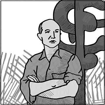 Drawing of Artist Isamu Noguchi standing in front of two of his sculptures