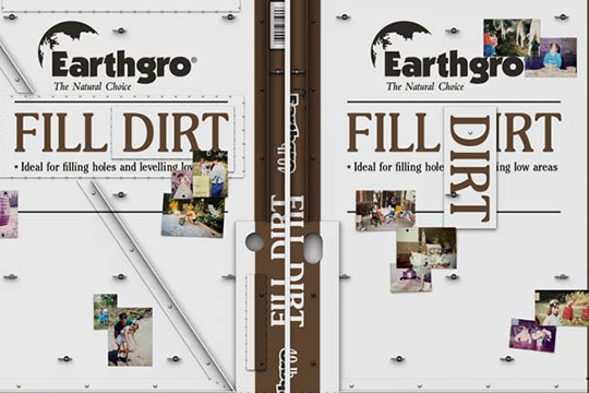A collage of family photos on a canvas with text the says Fill Dirt and Earthgro