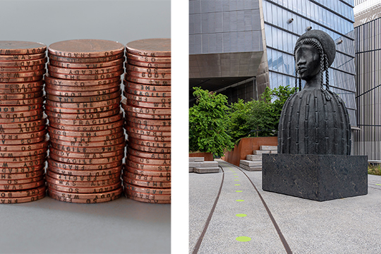 three stacks of pennies on the left and the high line walkway and sculpture by simone leigh titled brick house on the right
