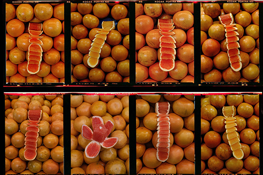 market stalls of oranges with fruit sculptures