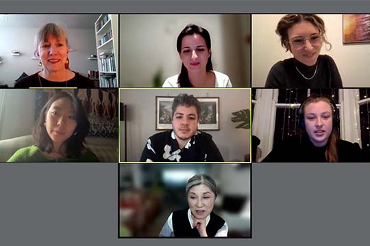 five graduate students on zoom talking with miwon kwon and catherine craft at the 2022 Nasher Prize Graduate Symposium