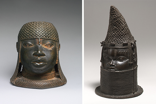 Head of an Oba, 16th century. Nigeria, Igun-Eronmwen guild, Court of Benin. Edo artist. Brass, 9 1/4 x 8 5/8 x 9 in. (23.5 x 21.9 x 22.9 cm). The Michael C. Rockefeller Memorial Collection, Bequest of Nelson A. Rockefeller, 1979. / Head of a Queen Mother (Iyoba), 1750–1800, Nigeria, Court of Benin, 