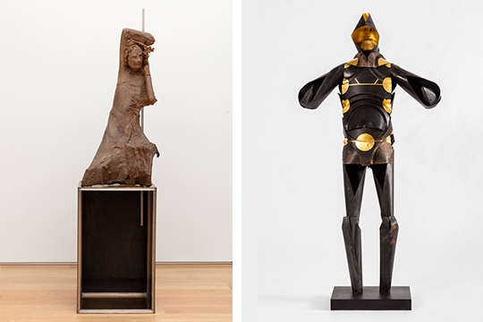Left: Safe Cracker sculpture of a human leaning. Right: Fathom Fiver sculpture of a human figure