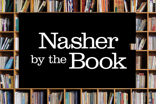 Text reading Nasher by the Book in front of a bookshelf background