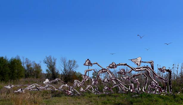 Gracefully twisted metal poles and exposed concrete on site at Trinity River Audubon Center