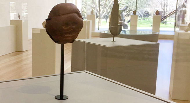 Close up of a pebble that looks like it has a face on it on display at the exhibition