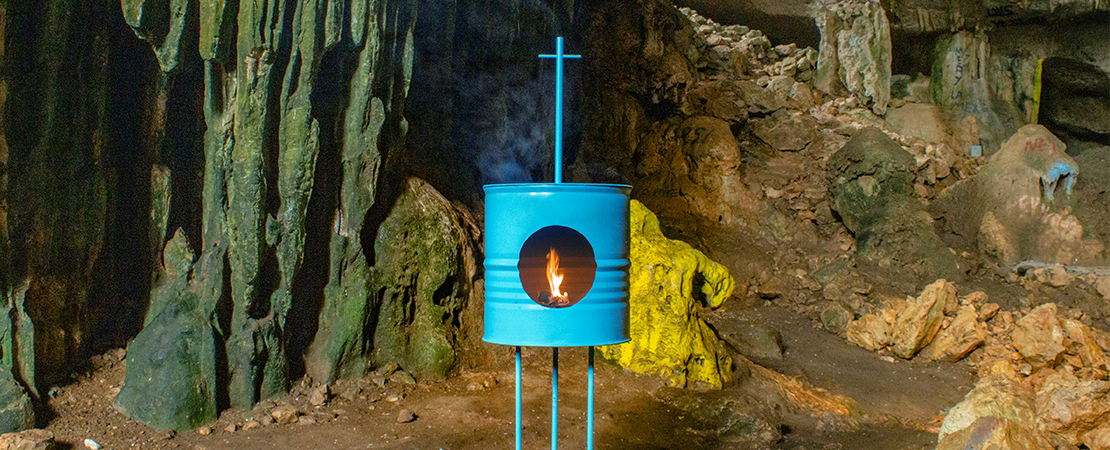 Engel Leonardo (Dominican, b. 1977), 'Yaguate,' 2023. Tinplate, iron, and polyurethane coating, Installed in La Cuevas de Mana, San Cristobal, Dominican Republic. Image courtesy of the artist