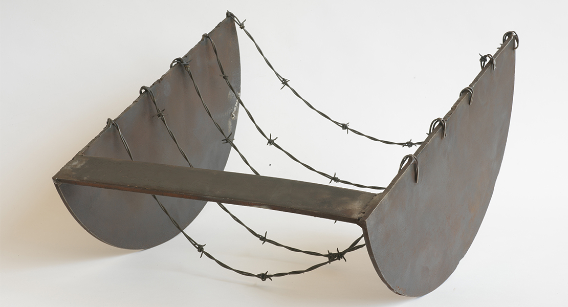 Melvin Edwards, 'Five to the Bar,' 1973, Welded steel and barbed wire, 14 x 20 1/2 x 20 in (35.56 x 52.07 x 50.8 cm), Courtesy Alexander Gray Associates, New York; Stephen Friedman Gallery, London © Melvin Edwards/Artists Rights Society (ARS), New York