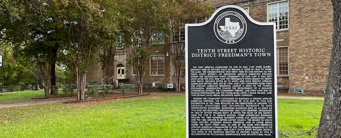 Texas Historical Commission Marker for the Tenth Street Historic District Freedman's Town in front of N.W. Harllee Early Childcare Center, established in 1928.
