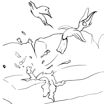 Drawing of birds errupting from a mattress