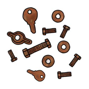 Drawing of a rusty screws and washers