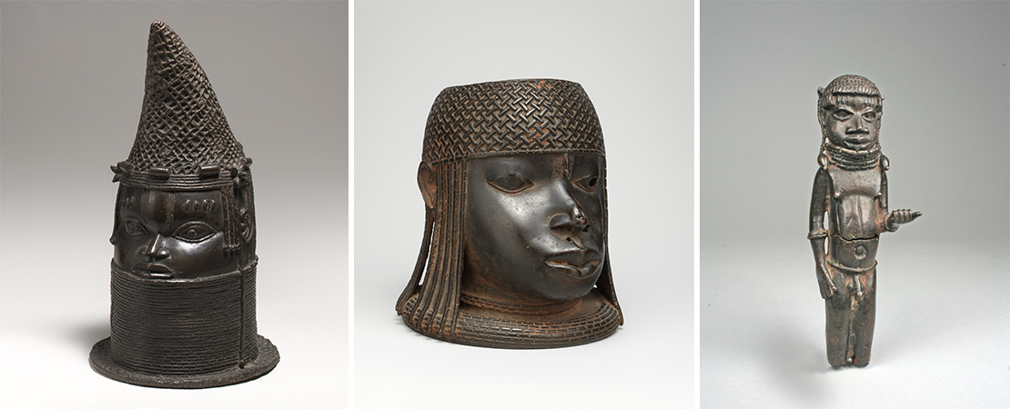 Head of a Queen Mother (Iyoba), 1750–1800, Nigeria, Court of Benin, Edo peoples. Brass, 17 x 8 7/8 x 10 1/2 in. (43.2 x 22.5 x 26.7 cm). Bequest of Alice K. Bache, 1977.      Head of an Oba, ca. 1550. Nigeria, Court of Benin, Edo peoples. Bronze, 8 1/2 x 7 3/4 x 8 1/8 in. (21.6 x 19.7 x 20.6 cm). The Michael C. Rockefeller Memorial Collection, Gift of Nelson A. Rockefeller, 1972.      Figure: Male Attendant, 18th century, Nigeria, Court of Benin, Edo peoples. Bronze, copper, 7 x 2 in. (17.8 x 5.1 cm). Bequest of Alice K. Bache, 1977. 