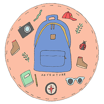 Drawing of a camp badge featuring a backpack