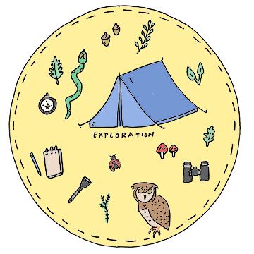 A drawing of a camp badge featuring a tent