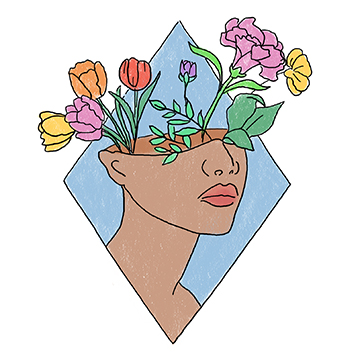 Drawing of a woman's neck and mouth with flowers blooming from the top