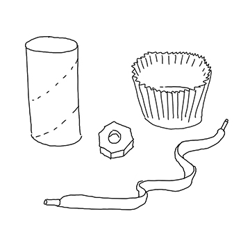 Drawing of small household items including toilet roll and muffin cup