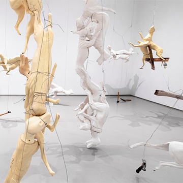 Suspended white and yellow sculptures of coyotes and foxes Suspended white and yellow sculptures of coyotes and foxes