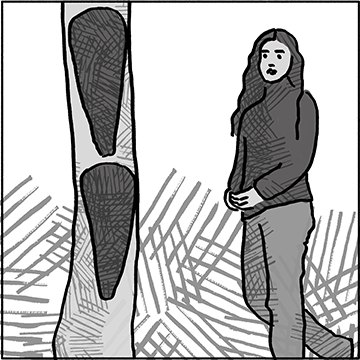 Drawing of Artist Ana Mendieta standing next to a wooden sculpture