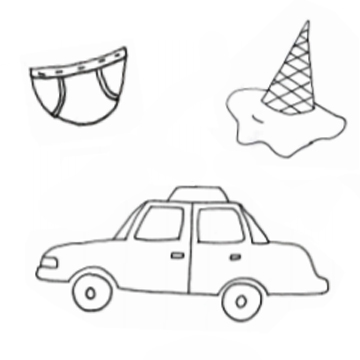 Drawing of a taxi, an ice cream cone, and a pair of underwear.