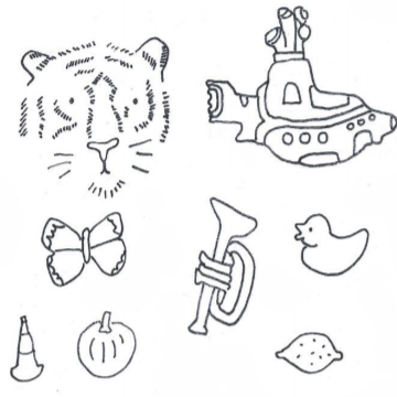 Drawing of a tiger, a submarine, a butterfly, a trumpet, a duck, a lemon, a pumpkin and a traffic cone
