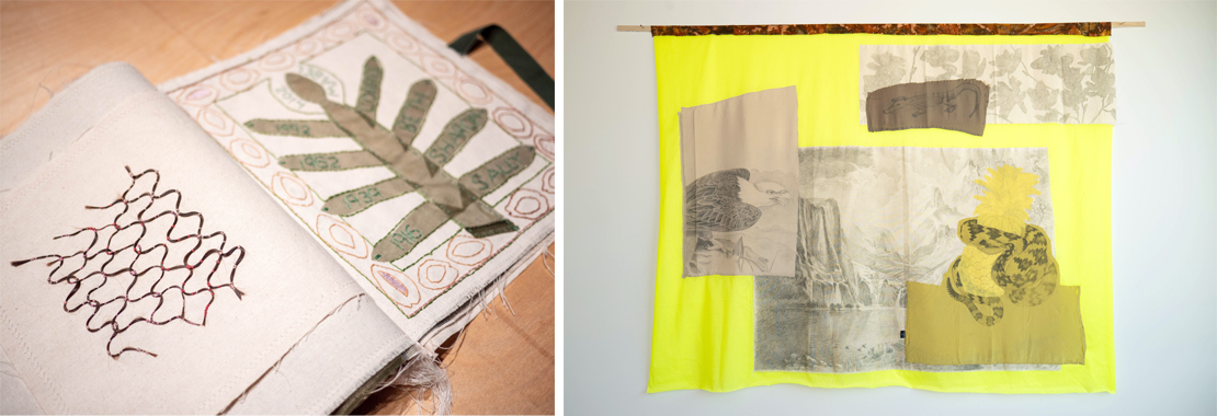 Left: A stitched artist book. Right: A yellow fabric banner with patches. Left: A stitched artist book. Right: A yellow fabric banner with patches.