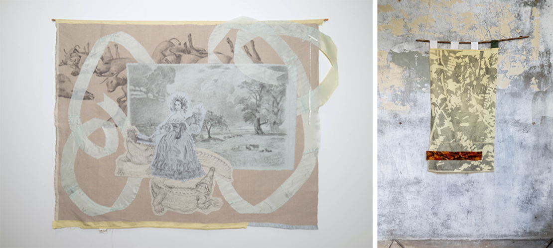Two images of fabric banners with vintage prints applied to them Two images of fabric banners with vintage prints applied to them