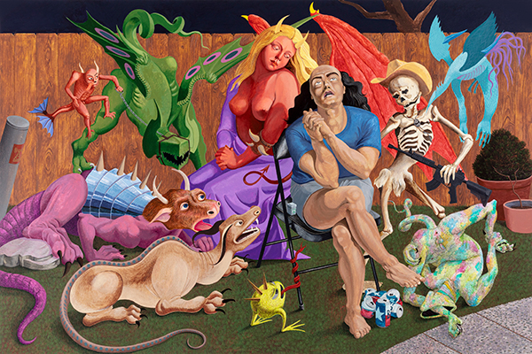 Francisco Moreno (b. 1986). The Allegory of Weed Gummy and Alcohol Induced Anxiety, 2021. Acrylic on canvas, 51.2 x 76.8 in. (130 x 195 cm). Photo: courtesy of the artist. 