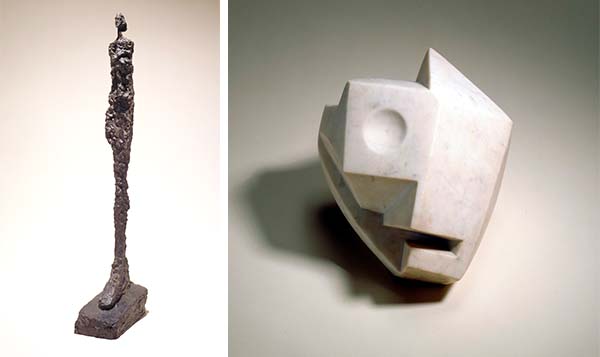 Alberto Giacometti (b. 1901). Venice Woman III (Femme de Venise III), 1956. Bronze, 47 1/2 x 13 1/2 x 6 7/8 in. (120.7 x 34.3 x 17.5 cm). Succession Alberto Giacometti / Artists Rights Society (ARS), NY 2022. Raymond and Patsy Nasher Collection, Nasher Sculpture Center, Dallas, Texas. / Alberto Giacometti (b. 1901). Head-Skull (Tête-crâne), 1934. Marble, 7 3/8 x 7 3/4 x 8 1/8 in. (18.7 x 19.7 x 20.6 cm). Succession Alberto Giacometti / Artists Rights Society (ARS), NY 2022. Raymond and Patsy Nasher Collection, Nasher Sculpture Center, Dallas, Texas.