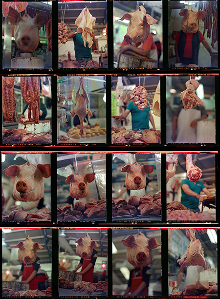 market stall in mexico of pigs and pork products